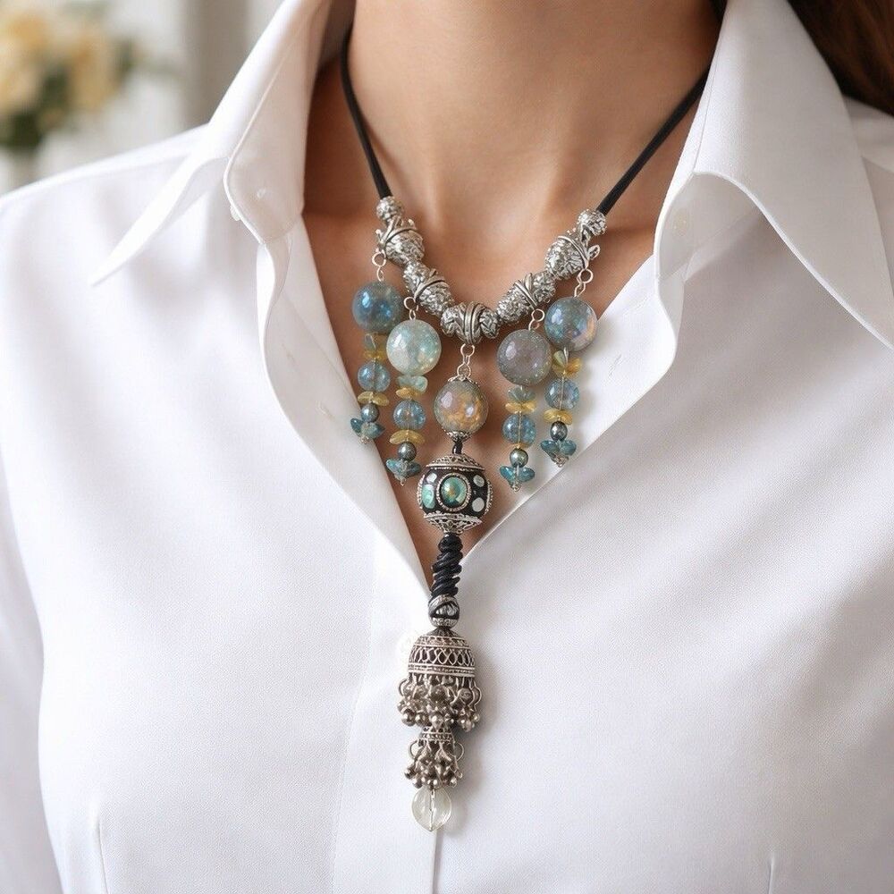 Necklace Handmade long Jhumka pendant crystal acrylic  Black Suede Adjustable